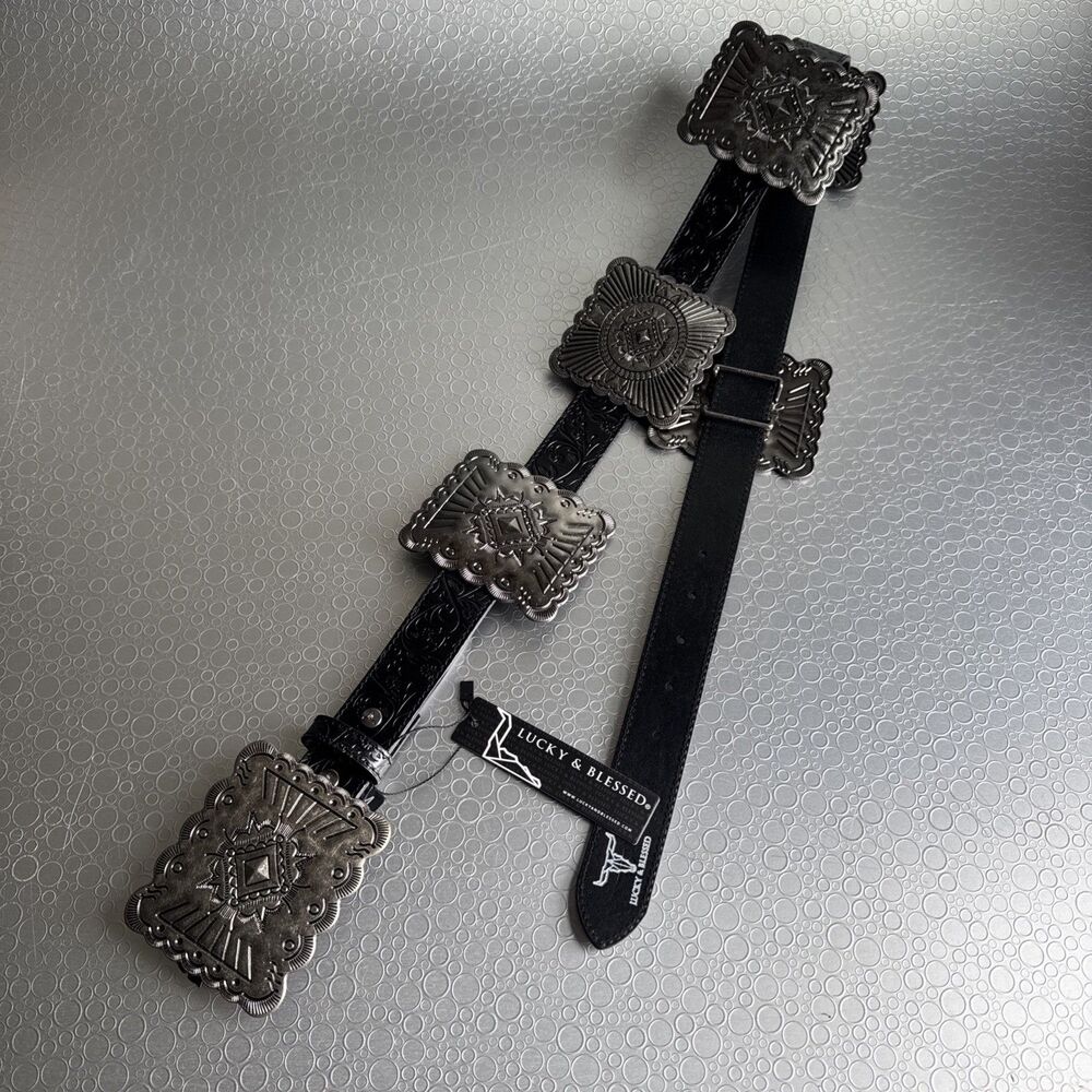 New Lucky & Blessed Black Embossed Concho Belt - Size M Runs Bigger Dust Bag